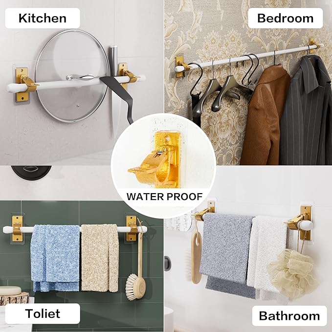 Antimbee 12PCS Self Adhesive Curtain Rod Bracket, No Drilling Curtain Rod Holders, 20lbs Load Capacity Golden Hangers for Dorm, Bathroom, Bedroom, Livingroom Decor