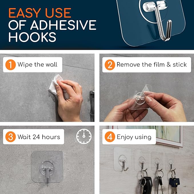 GLUIT Adhesive Wall Hooks for Hanging Heavy Duty 22 lbs Hooks for Walls No Damage, Towel Sticky Clear Hook, Waterproof, Home, Bathroom, Kitchen, Office, and Outdoor 12 Pack