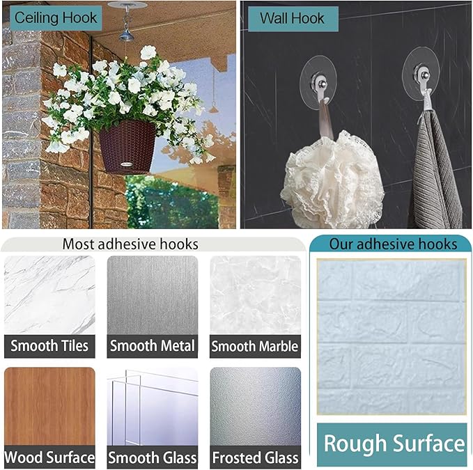 No Drilling No Hole Adhesive Hooks for Popcorn Ceiling, Easy Hanging Smooth or Unsmooth Tile Concrete Glass Wood Wall Ceiling Surface