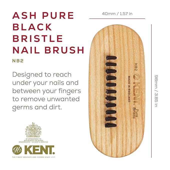 Kent NB2 Natural Bristle Fingernail Brush and Hand Scrub Brush, Beechwood Nail Brusher to Clean Nails and Scrubber for Hands and Feet