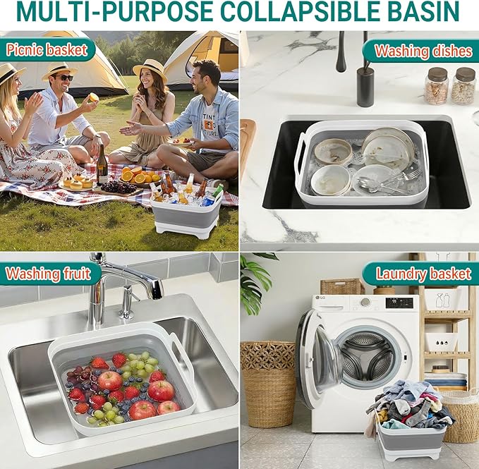 Collapsible Wash Basin for Baby Bottles with Drying Rack – 2.4 Gallon Foldable Dish Tub with Handles, Portable RV Camping Sink & Space-Saving Wash Bin with Lid for Kitchen, Travel & Outdoor
