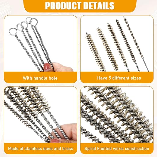 10 Pieces Wire Tube Brushes Bulk for Cleaning Pipe Tube Brass Stainless Steel Round Wire Brush for Auto Parts Christmas, Bottles, Tubes, 5 Sizes(Silver) (Silver Gold)