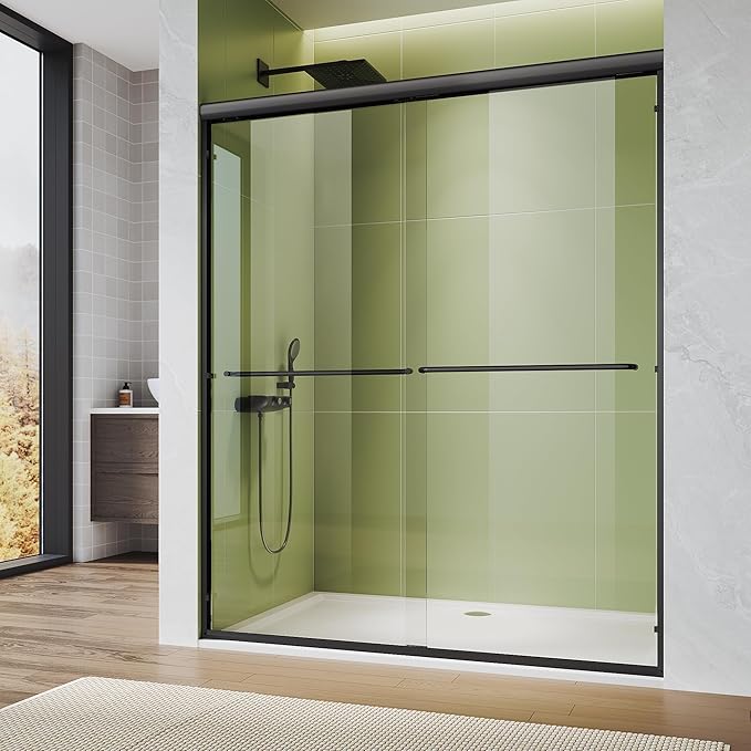 ELEGANT Double Sliding Shower Door 56-60" W x 72" H, Semi-Frameless Bypass Shower Glass Door with Dual Towel Bar Handles, 1/4" Tempered Glass for Walk-in Shower, Matte Black