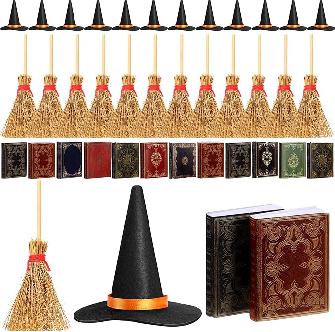 36 Pieces Mini Halloween Decorations 12 Mini Felt Witch Hats 12 Small Brooms 12 Miniature Dollhouse Books Tiny Witch Accessories Set for DIY Crafts Halloween Party Decor Supplies