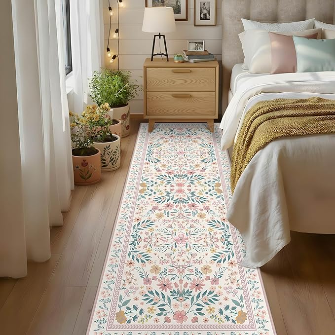 2x6 Floral Runner Rug, Washable Runners for Hallways, Pink Vintage Boho Kitchen Rugs, Non Slip Hallway Runner Carpet for Indoor Hallway, Kitchen, Laundry Room and Bathroom