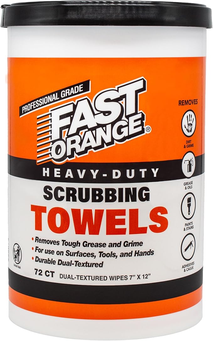 Fast Orange Heavy Duty Scrubbing Towels Removes Tough Grease, Grime, Paint, Resins, Glue and More, for Hands, Tools and Surfaces Without Sticky Residue, 72 ct
