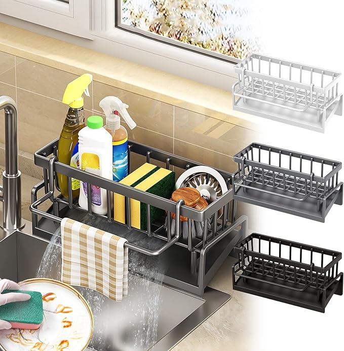 Kitchen Sink Organizer with Drain Tray, Sponge Holder, Brush Storage, Auto-Drying Rack for Dish Soap, Cleaning Tools, Countertop or Sink Caddy for Kitchen Decor