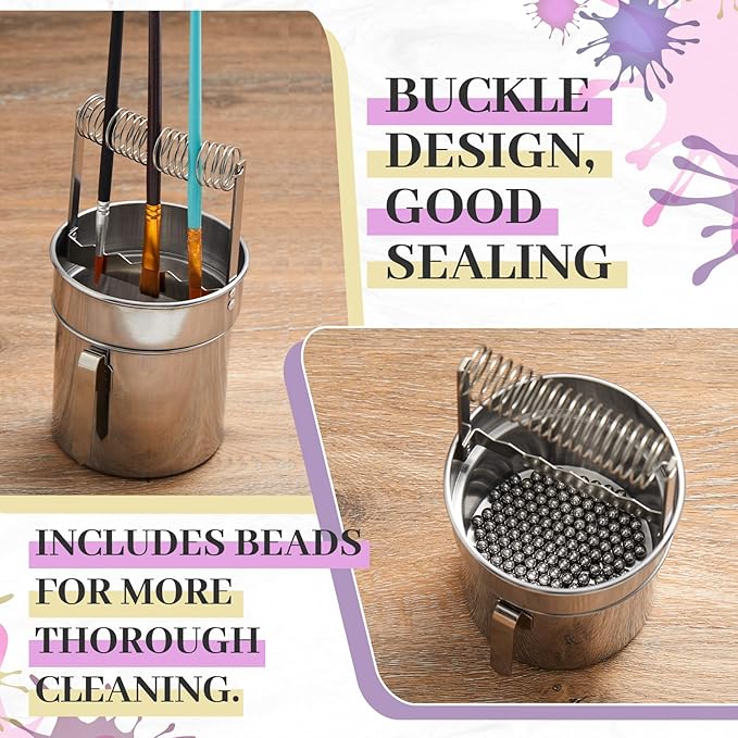 2 Pcs Paint Brush Cleaner Set Stainless Steel Double Dipper Palette Cup Paint Brush Portable Washer Holder for Oil Cleaner Kits(Straight Shape,Extra Large)