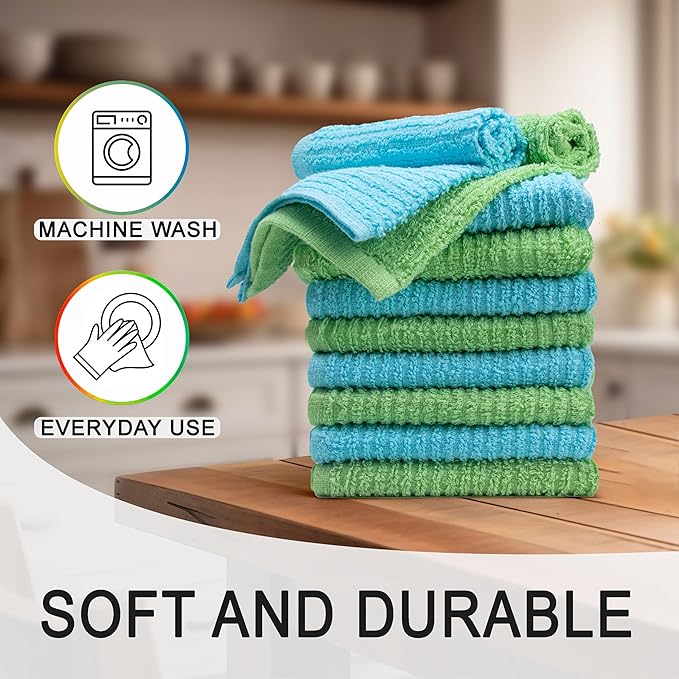 Textila Bar Mop Towels 12x12 Inch – Green & Turqoise – Pack of 10 - Cotton Dish Cloths & Cleaning Towels for Kitchen, Bar, Restaurant, Household Use – Absorbent, Durable, Reusable