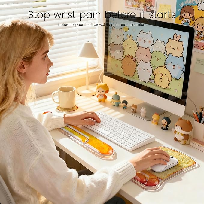 Ospelelf Mouse Pad with Wrist Rest and Ergonomic Gel Keyboard Hand Wrist, Support for Typing Gaming, Relieve Wrist Pain, Cool & Easy to Clean, for Office, Programmer, Home Computer Use, Butter Bread