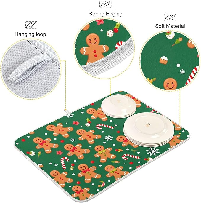 Christmas Gingerbread Man Dish Drying Mat for Kitchen Countertop 16x18 Winter Snowflake Candy Cane Green Small Drying Mat Reusable Quick Dry Dish Sink Mats Easy Clean Decorative Essentials