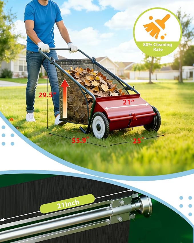 Push Lawn Sweeper, 21 Inch Extra-Wide 4-Brush System, 3.5 cu.ft. Mesh Bag, Heavy Duty Steel Frame, Height-Adjustable Yard & Garden Cleaner for Leaves and Grass, Red