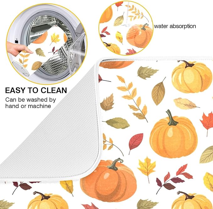 Fall Pumpkin Pattern Dish Drying Mat for Kitchen Countertop 18x24 Autumn Leaves Thanksgiving Day Large Drying Mat Reusable Quick Dry Dish Sink Mats Easy Clean Decorative Essentials
