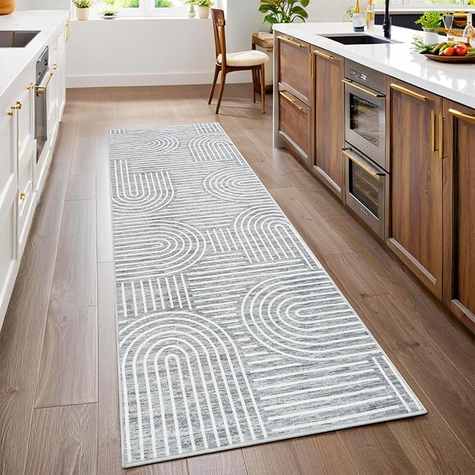 Modern Rug 2.5x10 Runners for Hallways, Abstract Kitchen Runner Rugs Non Slip Bath Mat, Rainbow Washable Runner Rug for Bedroom, Soft Long Rugs for Entryway Bathroom Laundry Dorm, Ash
