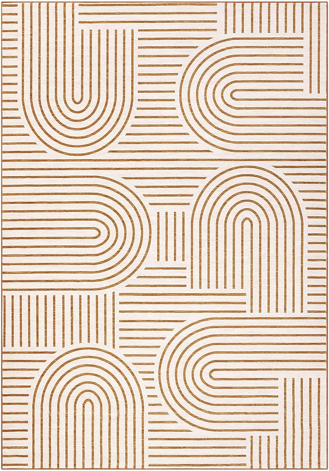 Washable Rug 3x5 Area Rugs for Living Room, Abstract Rug for Bedroom, Soft Rainbow Non Slip Throw Rugs with Rubber Back, Low Pile Stain Resistant Boho Geometric Carpet for Dining Room, Orange