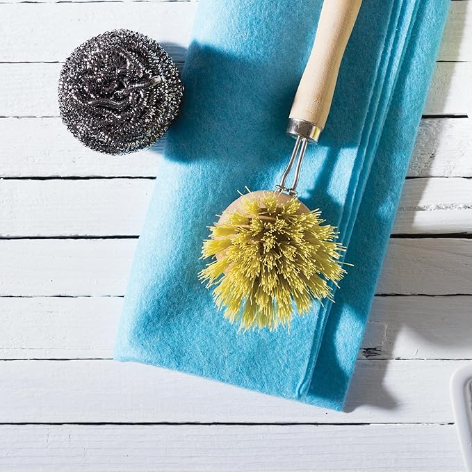 HIC Kitchen Natural Bristle Veggie and Dish Scrub Brush, Non-Scratch Natural Tampico Bristles with Wooden Handle