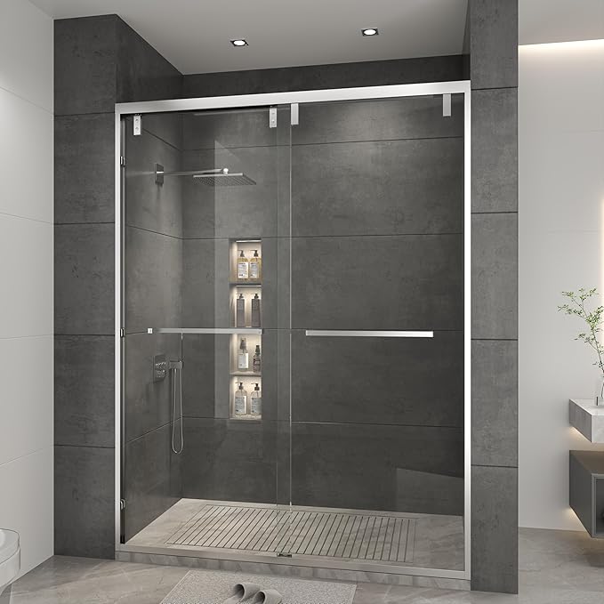 RFN 44-48" W x 76" H Framed Bypass Double Sliding Shower Door, 1/4" (6 mm) Easy-to-Clean Treated Clear Tempered SGCC Glass,Bathroom Door(Brushed Nickel, 44-48" W*76" H)