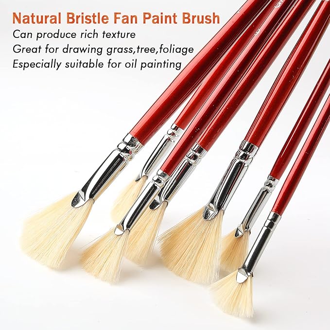 Fan Brush for Painting, 7 Pieces Fan Brush Set with Hog Bristle Natural Hair and Long Wood Handle, Professional Artist Fan Brushes for Acrylic Painting,Oil Watercolor Painting