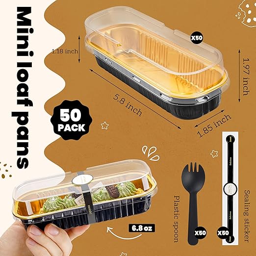 50 Pack Mini Cake Pans with Lids and Spoons Black Gold Rectangular Aluminum Foil Baking Pans Mini Cheesecake Containers(6.8oz)