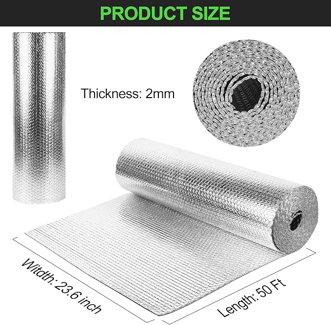 Reflective Insulation Roll 23.6inch x 50Ft Double Bubble Reflective Aluminum Foil Wrap Insulating Sheet Thermal Shield Radiant Barrier for Winter RV Window Thermal Cold Insulation Summer Heat - Silver