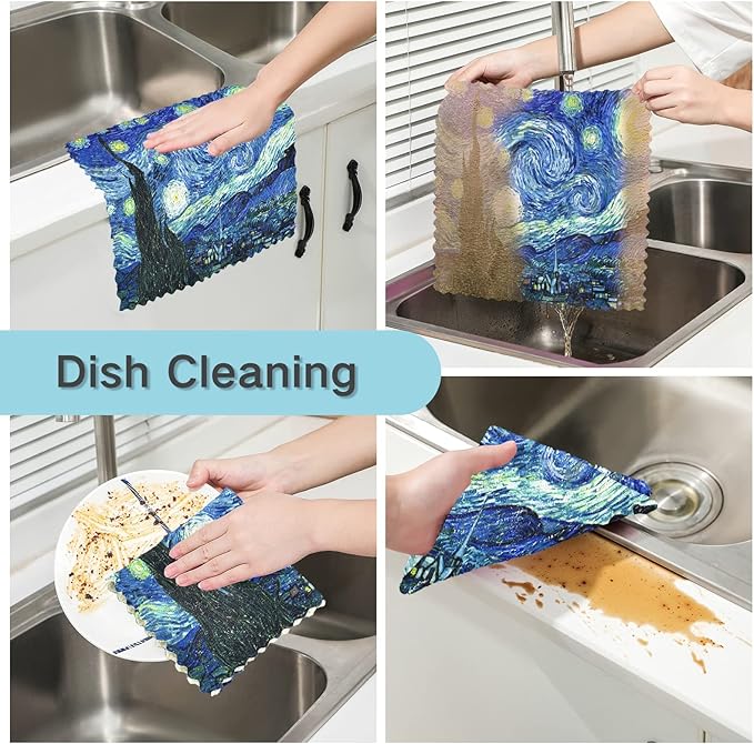 ALAZA Dish Towels Kitchen Cleaning Cloths Vincent Van Gogh Starry Night Dish Cloths Super Absorbent Kitchen Towels Lint Free Bar Tea Soft Towel Kitchen Accessories Set of 6,11"x11"