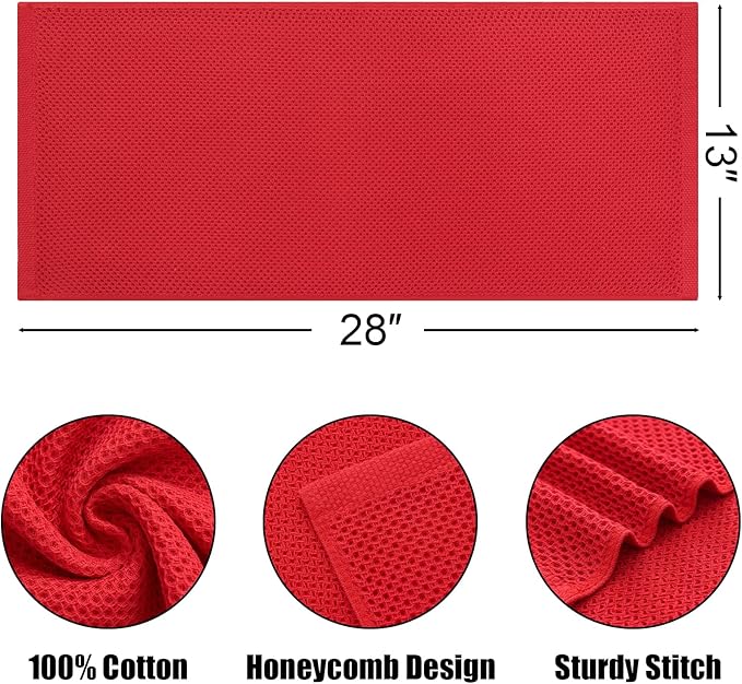 Kitinjoy 100% Cotton Waffle Weave Kitchen Hand Towels (13 X 28 Inches, Red), 6-Pack Super Soft and Absorbent Dish Towel for Drying Dishes