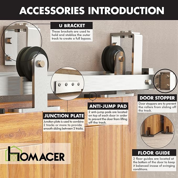 Homacer Brushed Nickel Double Track U-Shape Bypass Sliding Barn Door Hardware Kit, for Four Doors, 4.5ft Long Flat Track, T-Shape Design Roller