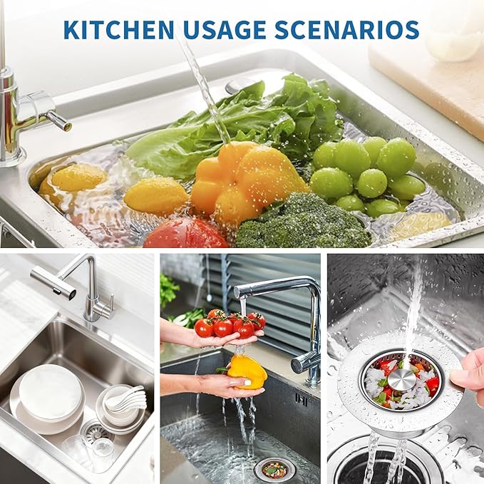 The Ultimate Kitchen Sink Solution: 3-in-1 Drain Strainer & Stopper. 304 Stainless Steel, Anti-Clogging, Anti-Odor for US Standard Drains. Easy Clean! (2)