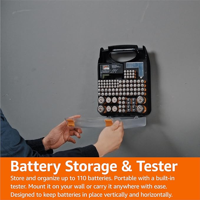 Amazon Basics Battery Organizer with Tester,Wall-Mounted Design,Handle Holds 110 Batteries,9.37 x 11.69 x 2.91 inches Clear/Black,(Pack of 12)