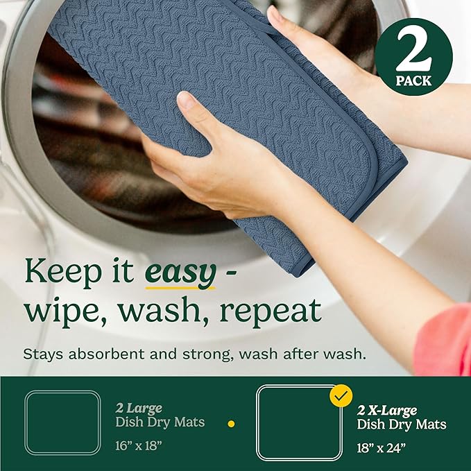 Cuisinart Dish Drying Mats for Kitchen Counter - (2) 18" x 24" Ultra Absorbent Dish Drying Mat XL - Foldable, Machine Washable, Fast Drying Dish Mat (Geostripe)
