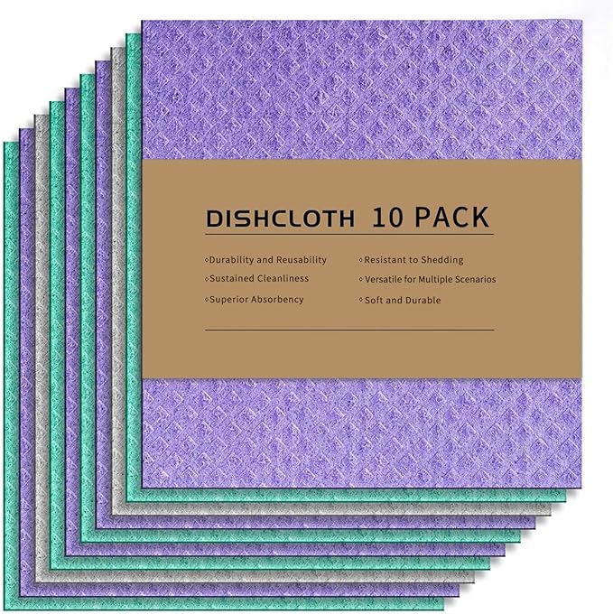 Swedish Dishcloths for Kitchen, 7x8 Inches, 10-Pack, Eco-Friendly & Reusable, Super Absorbent & Lint-Free, Ideal for Kitchen, Car, Glass, and Household Cleaning