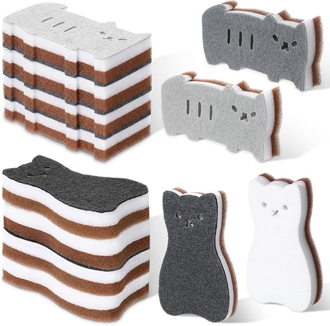 12 Pcs Cat Kitchen Sponges for Dishes Double Sided Cleaning Dish Scrub Sponge Bulk Reusable Non Scratch Scrubbers for House Cleaning Dishwashing(Cat,Colorful)