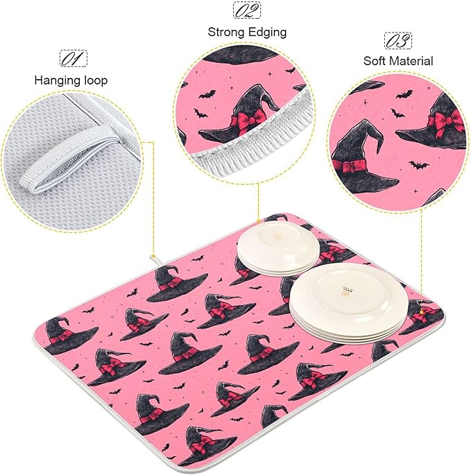 Witch Bow Hot Pink Dish Drying Mat for Kitchen Countertop 18x24 Halloween Bowknot Bat Large Drying Mat Reusable Quick Dry Dish Sink Mats Easy Clean Decorative Essentials