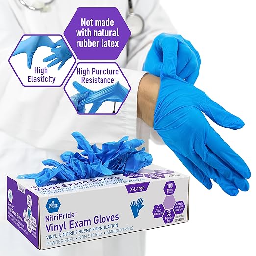 MED PRIDE Nitrile/Vinyl Blend Exam Gloves, Powder-Free, Latex-Free, Disposable, Non-Sterile, Blue, X-Large (Box of 100)