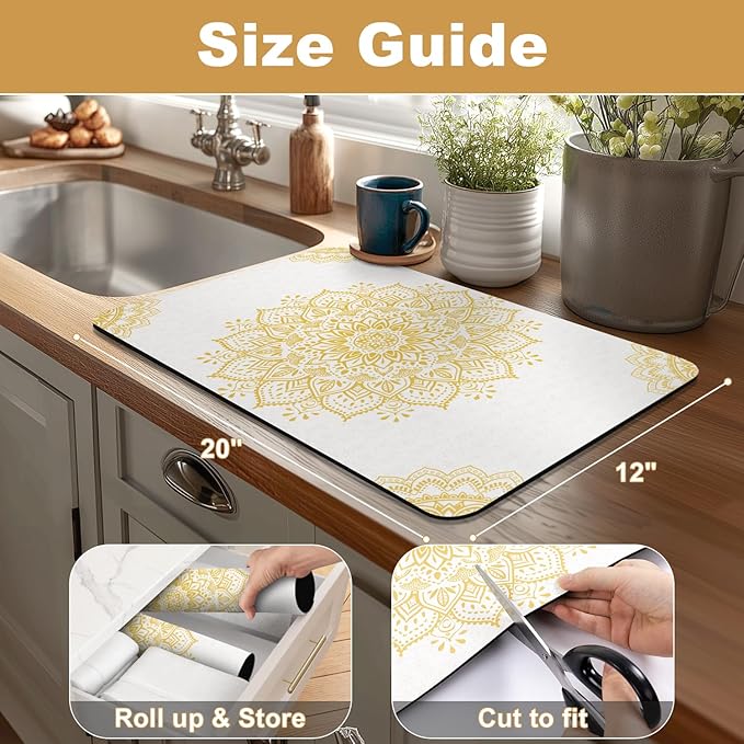 Yamaziot Boho Coffee Mat 12"x20", Floral Dish Drying Mat for Kitchen Counter, Non Slip Coffee Bar Accessories Espresso Machine Dish Rack