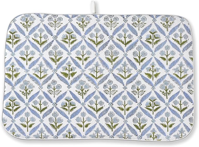 Blue Sage Green Block Print Dish Drying Mats 18x24 Inch Blue Green Vintage Spring Floral Drying Mats Summer Outdoor Decorations Absorbent Drying Dish Mats for Kitchen Dining Room Counter Decor