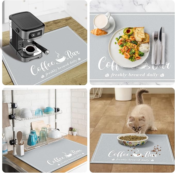 Absorbent Coffee Mat, Fashion Dish Drying Mat for Kitchen Counter Coffee Bar Accessories Espresso Machine Dish Rack 17" x 32" Light Grey