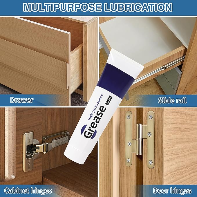 Drawer Slide Grease 3.38oz Multi-Purpose Lubricant for Cabinet Slides, Door Hinges, Bearings, Gears, Garage Doors and Window Tracks, With Cleaning Cloth, Tapered Applicator and Brush