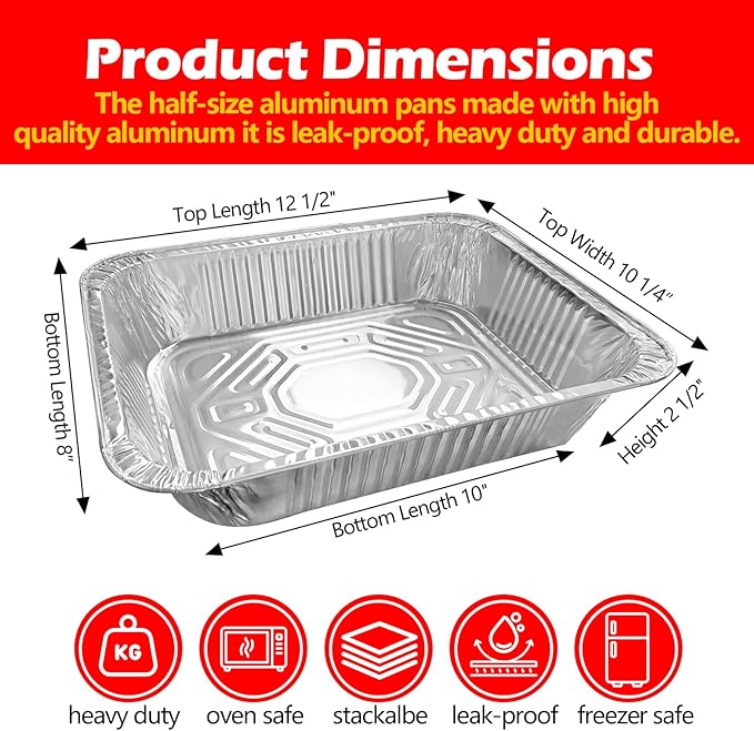 Aluminum Pans Foil Pans, 10 Pack 9x13 Disposable Trays Half Size Heavy Duty Steam Table Tin Foil Trays Food Containers For Cooking, Heating, Meal Prep, Baking, Roasting