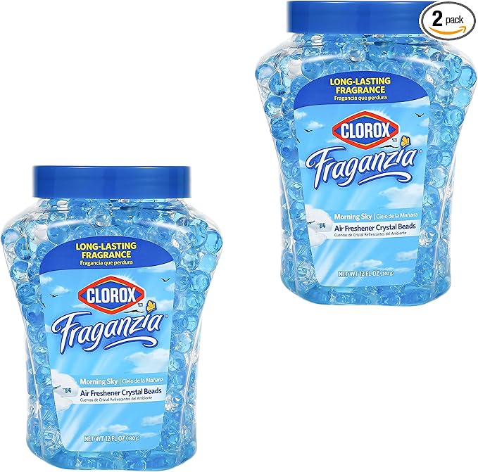 Clorox Fraganzia Crystal Beads Air Freshener, Long Lasting Room Deodorizer and Odor Eliminator Gel Beads to Freshen Home, Car, or Office, Morning Sky Scent, 12 Fl Oz - 2 Pack
