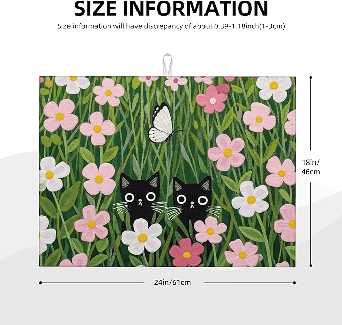 Pink Floral Cat Dish Drying Mat for Kitchen Counter, 18"x24" Microfiber Absorbent Fast Dry Mat, 2Pcs Dish Mat Faucet Mats Sets, Large Drying Kitchen Mat Kitchen Drying Pad Coffee Bar Decor Gifts