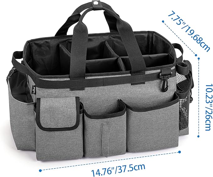 LoDrid Large Wearable Cleaning Caddy Bag with Detachable Divider, Cleaning Organizer with Handles, Cleaning Supply Tote with Adjustable Shoulder Strap for Cleaners & Housekeepers, Grey