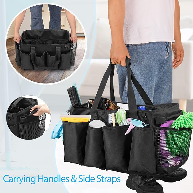 Extra-Large Cleaning Caddy & Large Apron, Organizer with Handle & Apron with Dual Shoulder Straps For Cleaning Tools Storage, Black