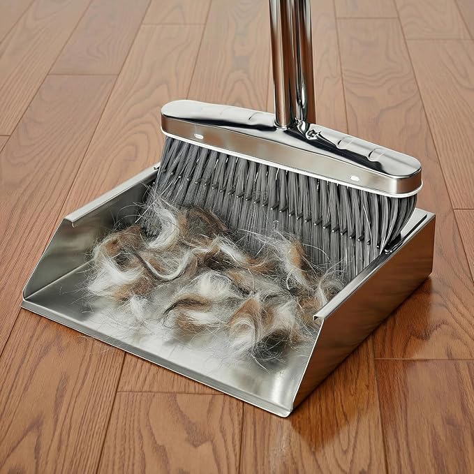 Metal Dustpan with Broom Combo Set, Heavy Duty 304 Stainless Steel 1mm Thick Dust Pan Supports Adult Weight, Long Handle Self-Standing Upright Broom for Home Kitchen Garage Cleaning