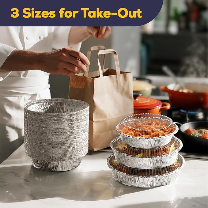 Fit Meal Prep 45 pack 9" Round Aluminum Foil Pans with Clear Dome Lids, Pie Tins Disposable 9 inch with Lids, Take Out Containers, Freezer Oven Safe Aluminum Baking Pans for Storing, Cooking, Storage