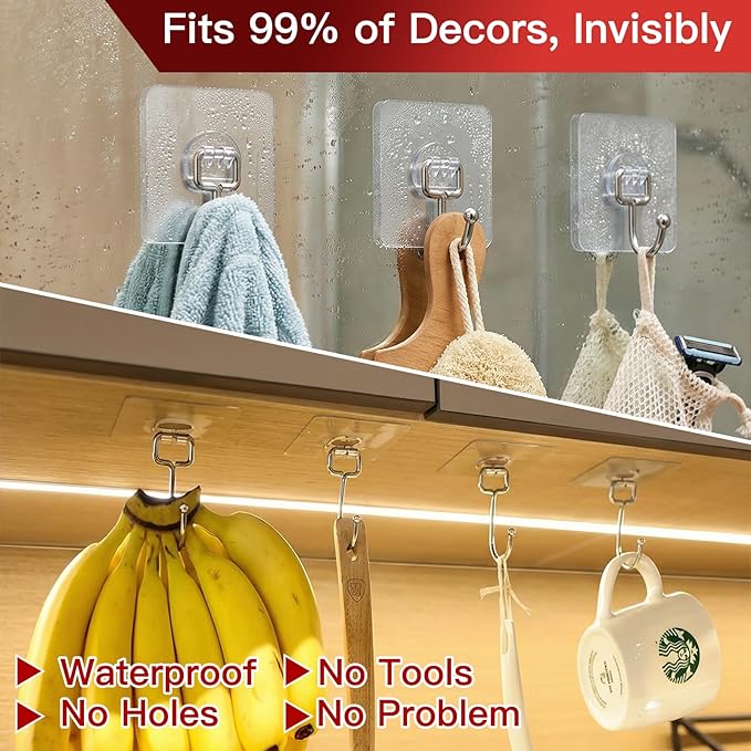 Large Adhesive Hooks 8-Pack, Heavy Duty 44lb(Max) Wall Hooks for Bathroom, Outdoor, Strong Self-Adhesive Towel & Coat Hooks, Waterproof Transparent Utility Hooks for Home Improvement