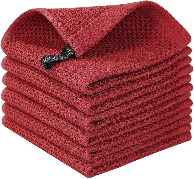 Cotton Dish Cloths 6 Pack,12x12 Inch – Super Absorbent, Quick-Dry & Reusable Kitchen Cleaning Cloths, Lint-Free Washable Towels for Dishes, Glass & Household Use(Red)