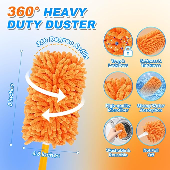 Reusable Duster Refill for Swiffer Hand Duster, 360 Degree Duster Refills for Cleaning, Ceiling Fan, Orange, 3 Pack (Handle is Not Included)