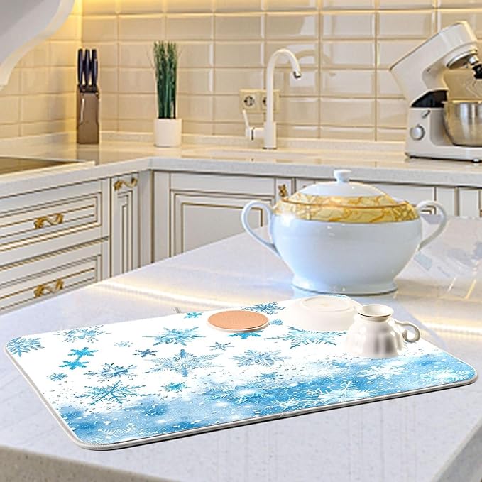 Winter Snowflake Blue Dish Drying Mat for Kitchen Countertop 16x18 Christmas Snowman White Xmas Small Drying Mat Reusable Quick Dry Dish Sink Mats Easy Clean Decorative Essentials