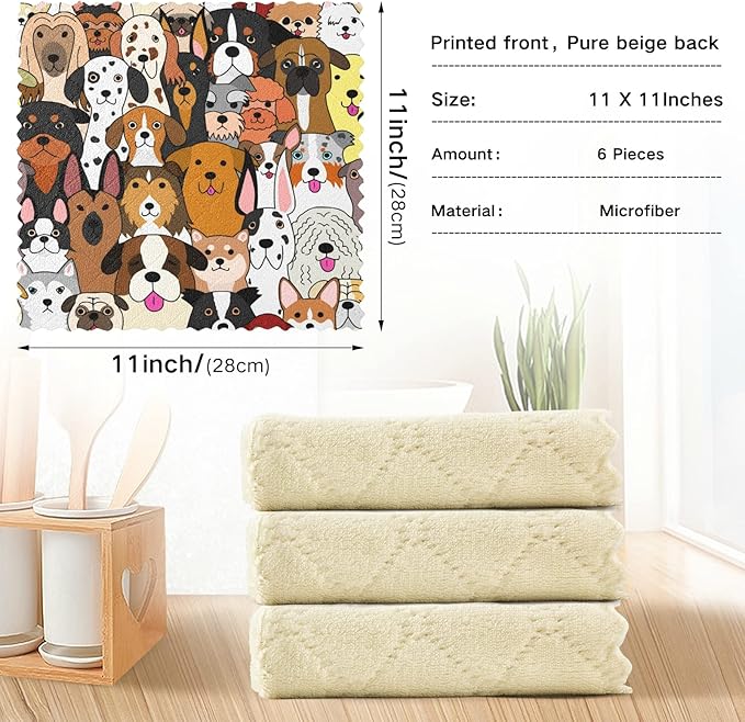 Dish Towels Kitchen Cleaning Cloths Cute Doodle Dog Print Animal Dish Cloths Absorbent Kitchen Towels Lint Free Bar Tea Soft Towel Kitchen Accessories Set of 6,11"x11"
